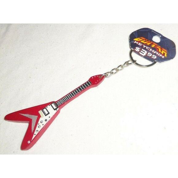 Red Flying V Wood Electric Guitar KeyChain Key Ring - Picture 1 of 1